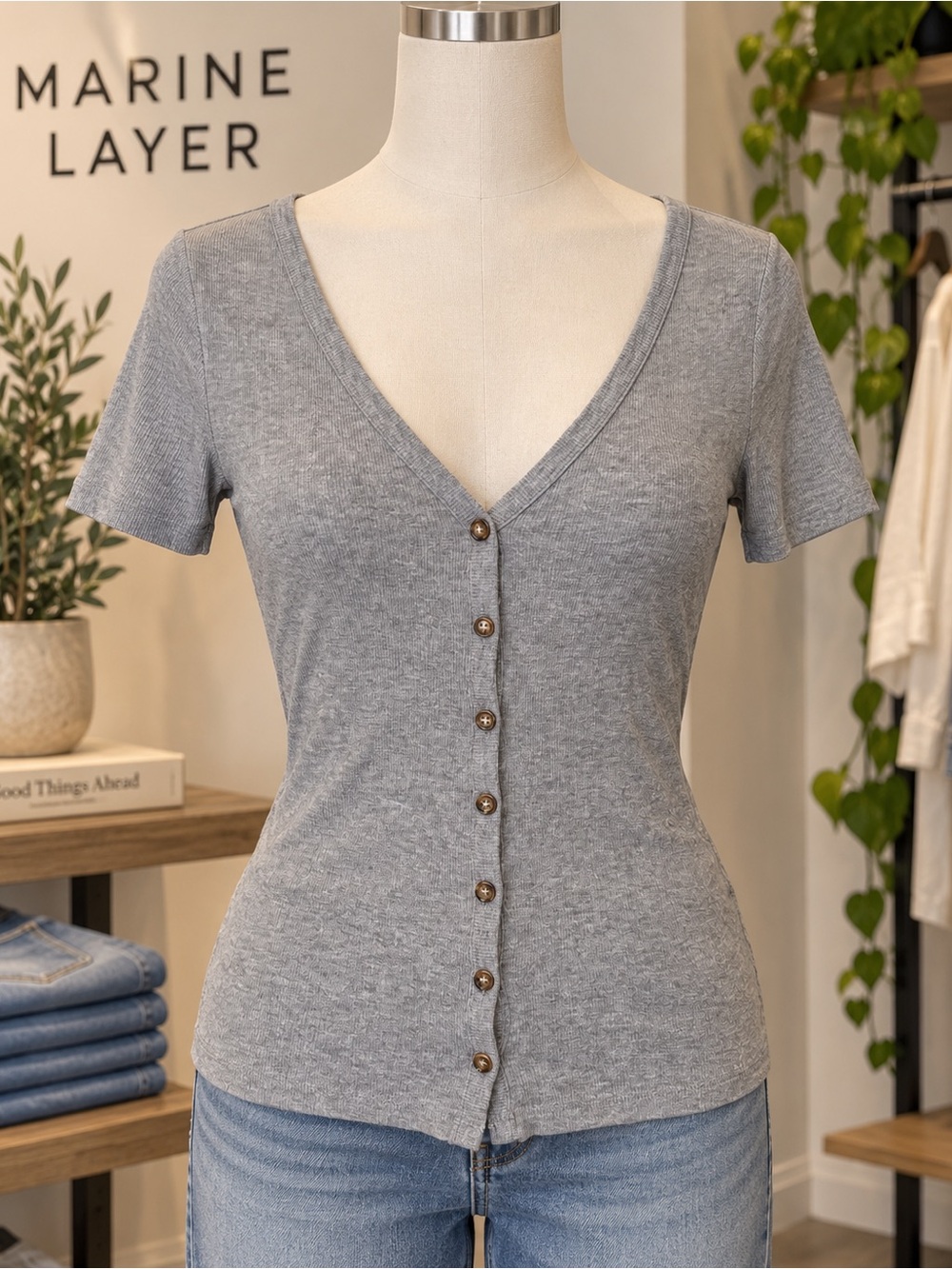 Marine Layer Gray Ribbed Button Front V Neck Tee Top Size Small Modal